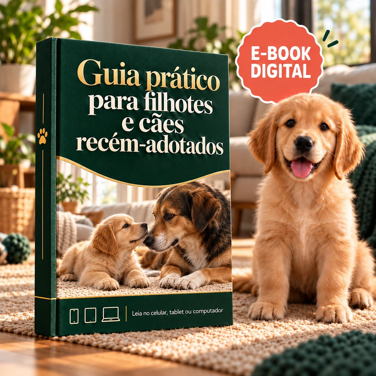 E-book Guia Prático para Filhotes e Cães Recém-Adotados ao lado de um filhote golden