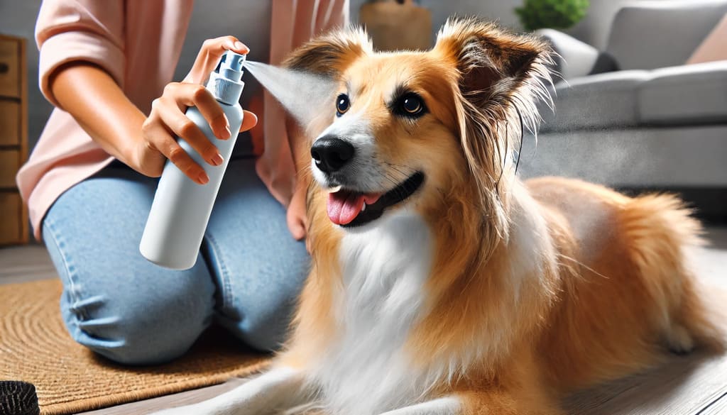 Tutor aplicando banho seco em cachorro com um spray de shampoo a seco. O cão está relaxado, destacando a praticidade da higiene sem água. ðŸ¶ðŸ›✨