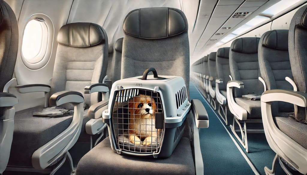 Um cachorro no avião descansando dentro de um transportador seguro com malha respirável sob o assento. O ambiente do avião é moderno e bem iluminado, proporcionando uma experiência tranquila para o animal de estimação.