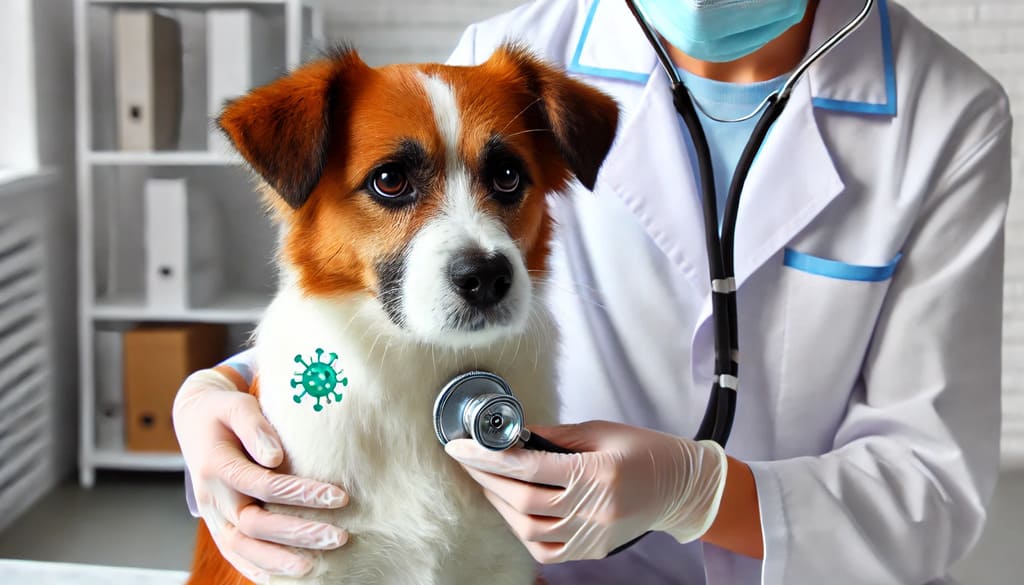 Veterinário examinando um cão com sinais de cinomose canina sintomas, utilizando um estetoscópio para avaliar a condição do pet em um ambiente clínico. ðŸ¶ðŸ©º✨