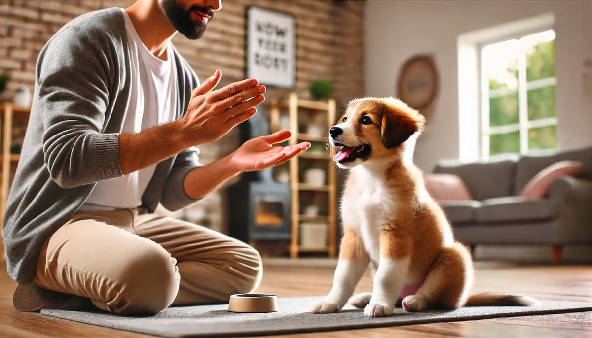 Treinador ensinando um filhote feliz a sentar usando comandos manuais e petiscos como recompensa. O ambiente é aconchegante e iluminado, destacando o progresso no adestramento. ðŸ¶ðŸŽ“