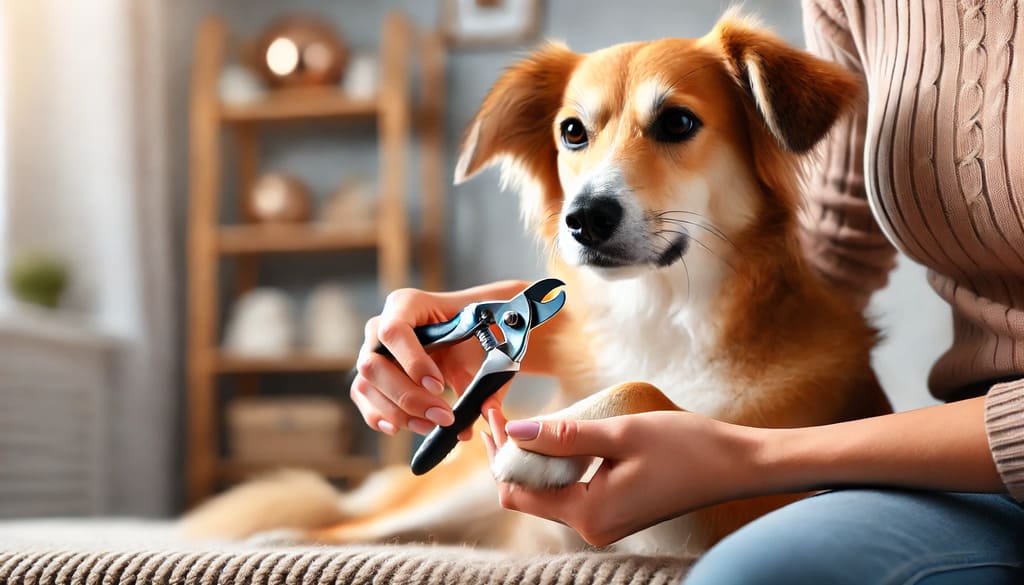 Tutor demonstrando como cortar unha de cachorro em casa, usando um cortador específico para pets. O cão está calmo e relaxado, garantindo um corte seguro. ð¶✂️