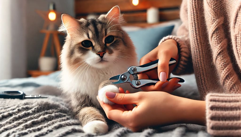 Tutor demonstrando como cortar as unhas de gato em casa com um cortador específico para pets. O gato está calmo e relaxado, tornando o processo mais seguro. ðŸ±✂️