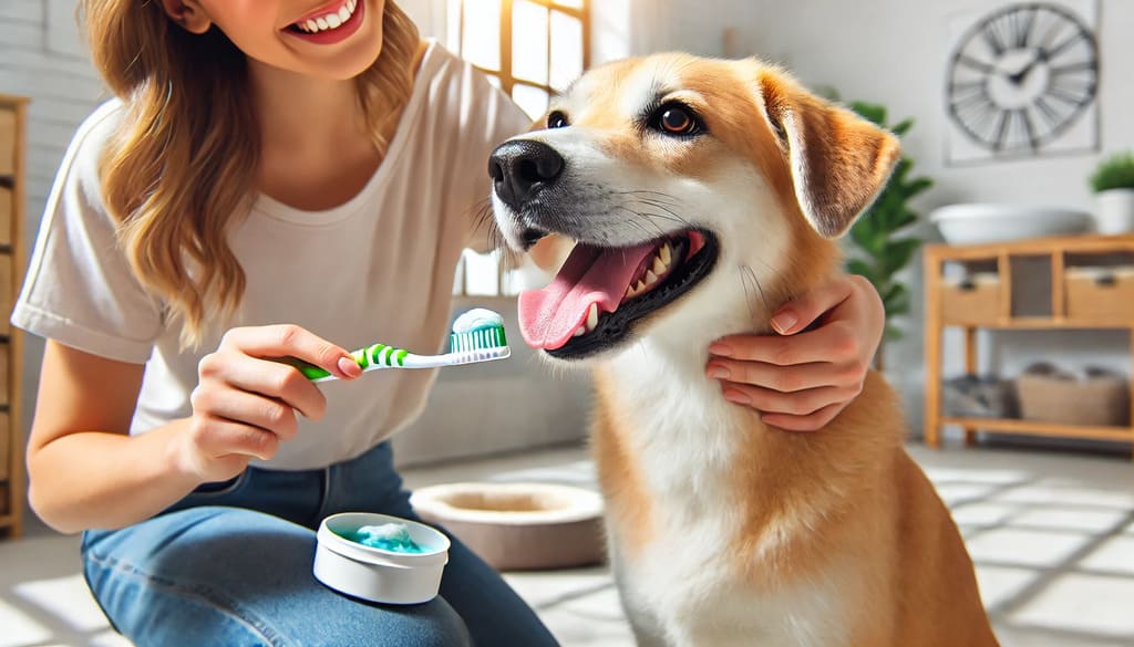 Tutor Como Escovar os Dentes do Cachorro feliz com uma escova e pasta dental canina. A imagem destaca a importância da higiene bucal para a saúde do pet. ð¶ð¦·