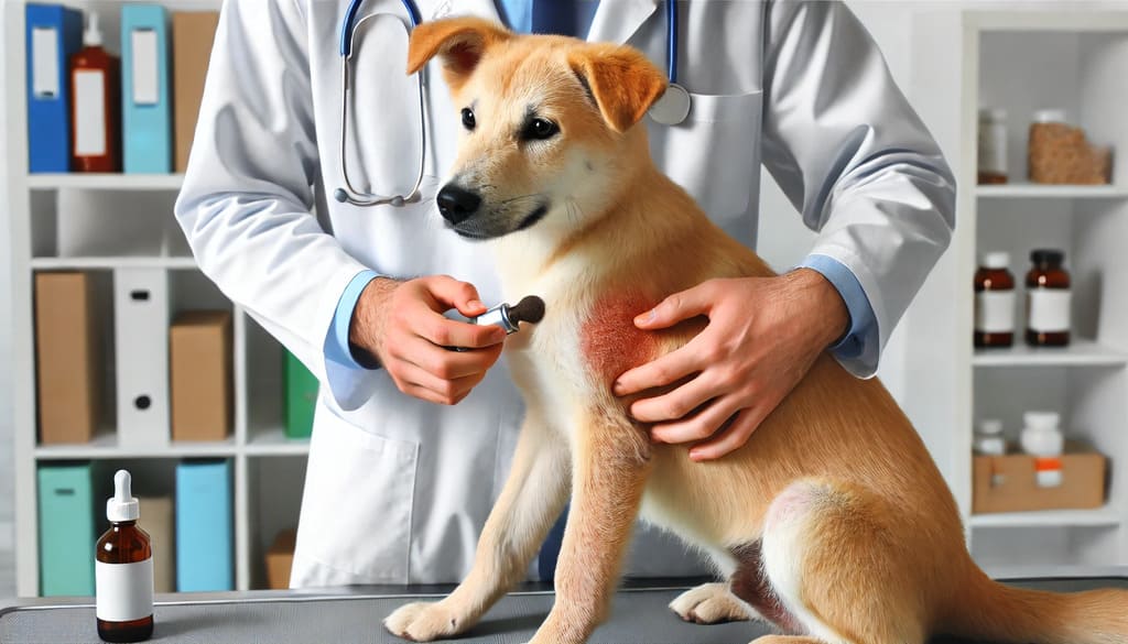 Veterinário examinando a pele de um cão com sinais de irritação e coceira, demonstrando dermatite em cachorro como tratar de forma profissional. ð¶ð©º✨
