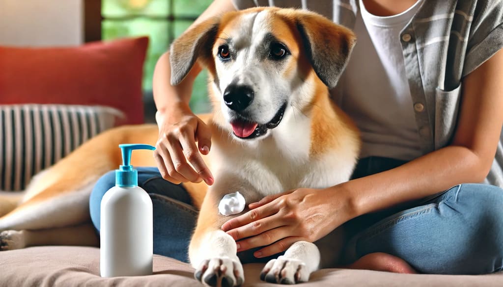 Tutor aplicando uma loção calmante na pele do cão em casa, destacando dermatite em cachorro como tratar com cuidados caseiros seguros e eficazes. ð¶ð♂️✨