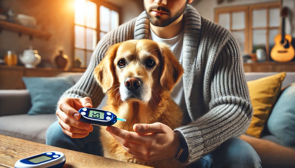 Tutor verificando os níveis de glicose do pet com um glicosímetro, destacando a importância do monitoramento da diabetes em cachorro em casa. ð¶ð©¸✨