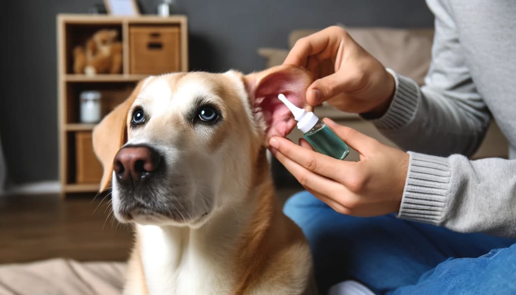 Tutor aplicando solução de limpeza auricular no ouvido do cachorro com cuidado. O cão está calmo e cooperativo, destacando a importância da higiene auricular. ð¶ð