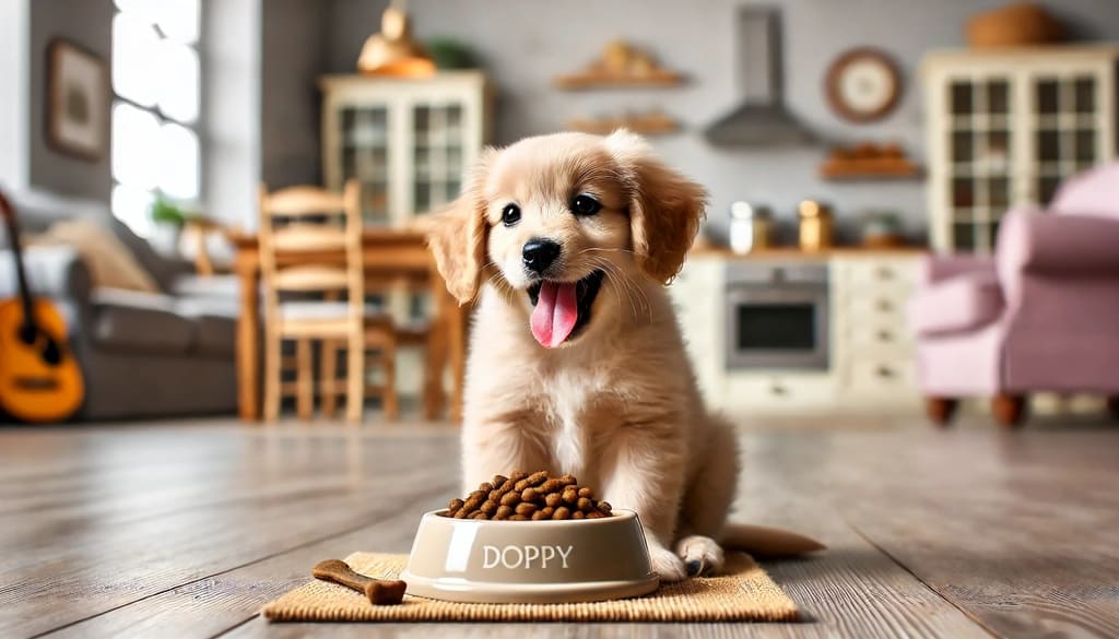 Filhote de cachorro saudável comendo Melhor Ração para Cachorro Filhote de alta qualidade em um ambiente aconchegante. A cena destaca a importância da nutrição adequada para o crescimento.