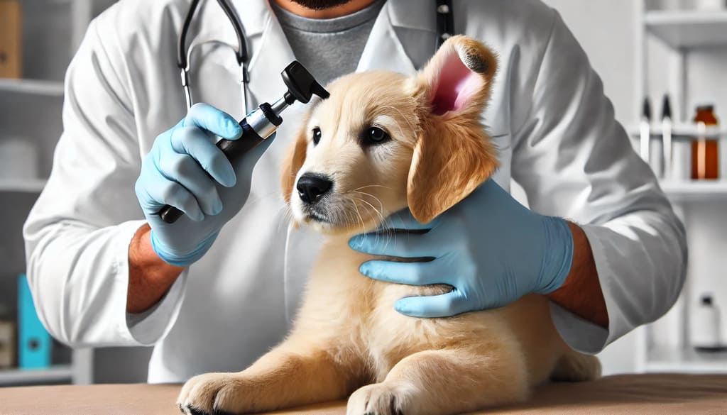 Veterinário examinando o ouvido de um cachorro com um otoscópio, verificando sinais de infecção antes de prescrever o remédio para otite canina adequado. ð¶ð✨