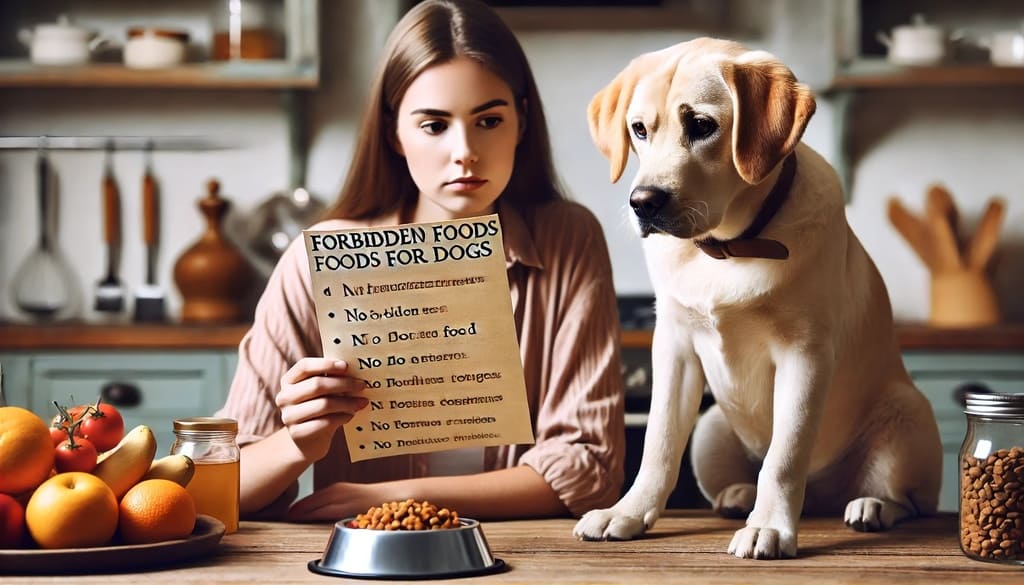 Tutor preocupado segurando uma lista de **alimentos proibidos para cachorros**, enquanto seu cão curioso observa um prato de comida na mesa. A imagem destaca a importância da nutrição segura para pets. ð¶ð«ð¥©