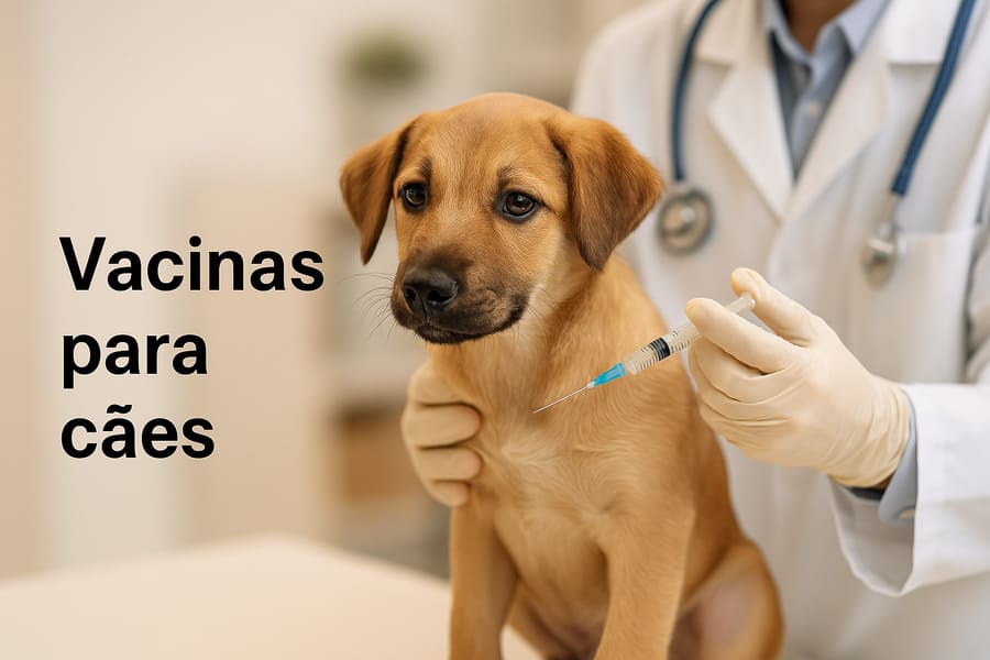 Veterinário aplicando vacina em um cachorro calmo durante consulta, representando a importância das vacinas para cães na prevenção de doenças e na promoção da saúde do pet, como abordado no artigo.